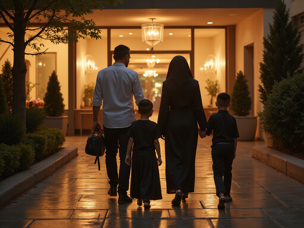 Jewish family walking to a nearby modern hotel