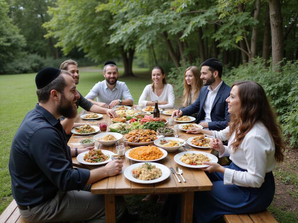 Group enjoying diverse kosher food outdoors, representing משלוחים כשרים בחול.