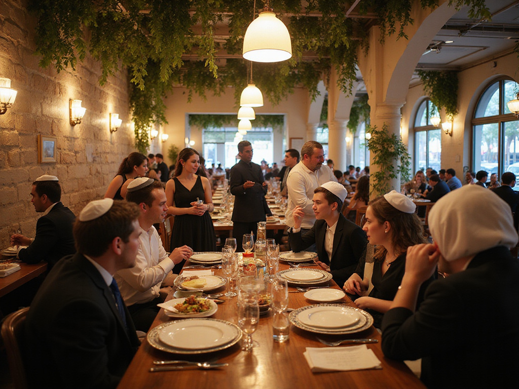 Bustling kosher restaurant scene in Dubai with diverse patrons