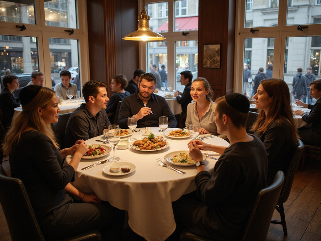 Diverse group enjoying kosher dining in famous international location