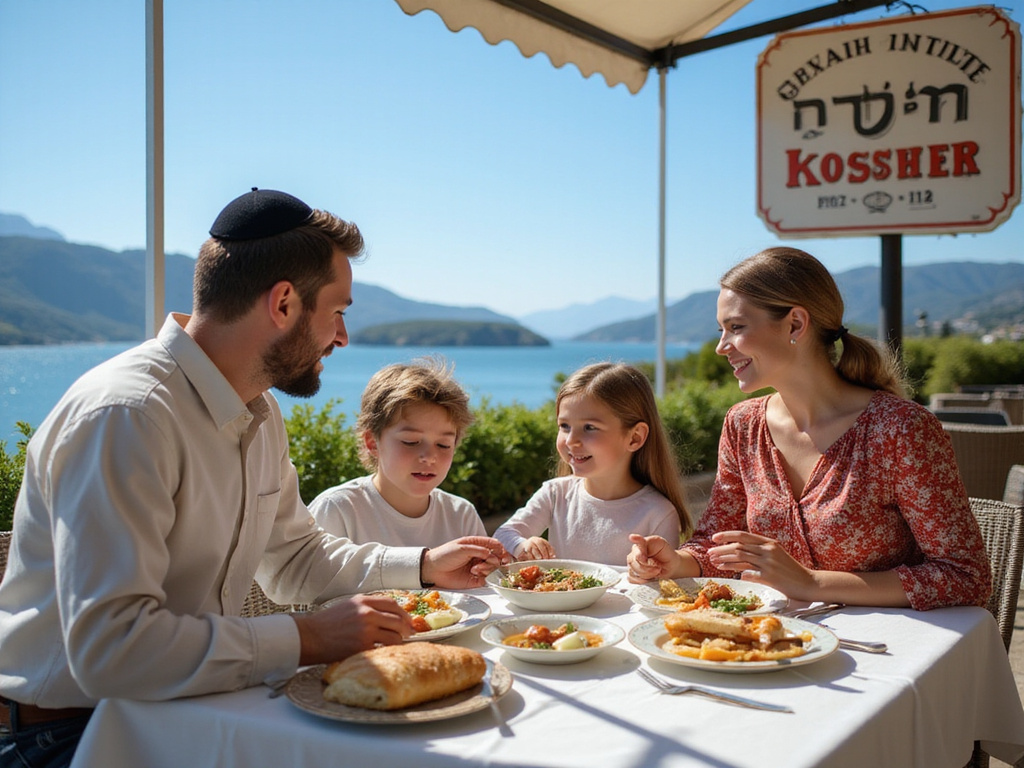 Jewish family enjoying kosher food abroad