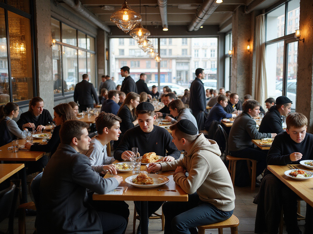 Diverse crowd enjoying אוכל כשר באנטוורפן at a restaurant