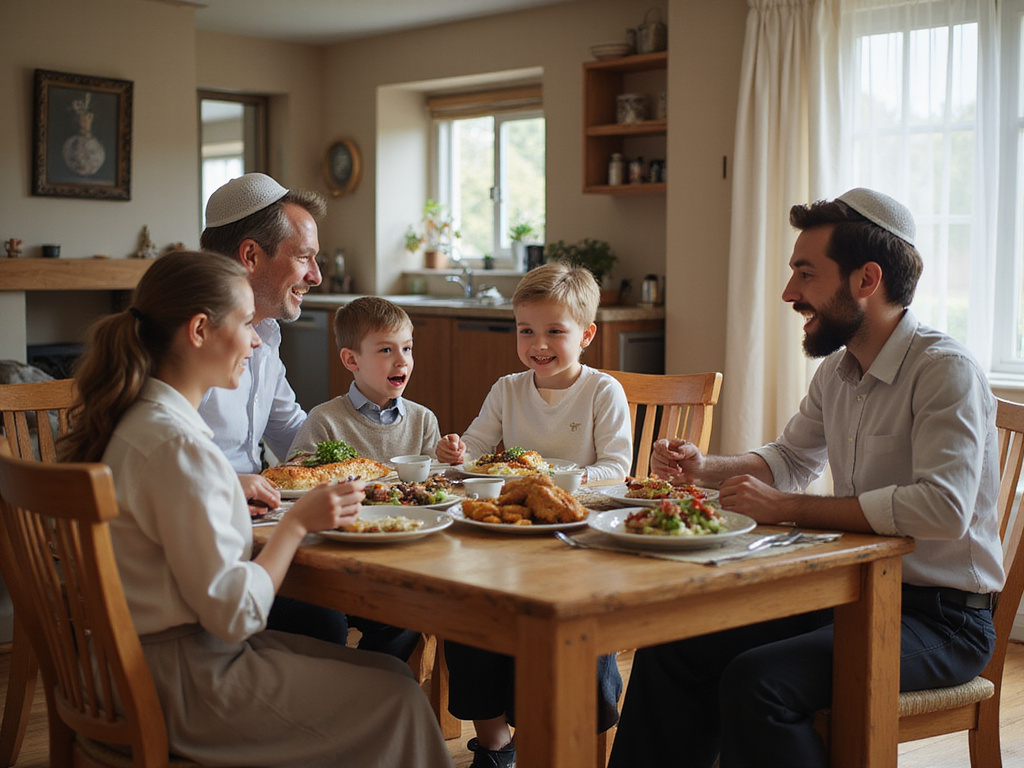 Family enjoying משלוחי אוכל כשר בחול in a cozy dining room.