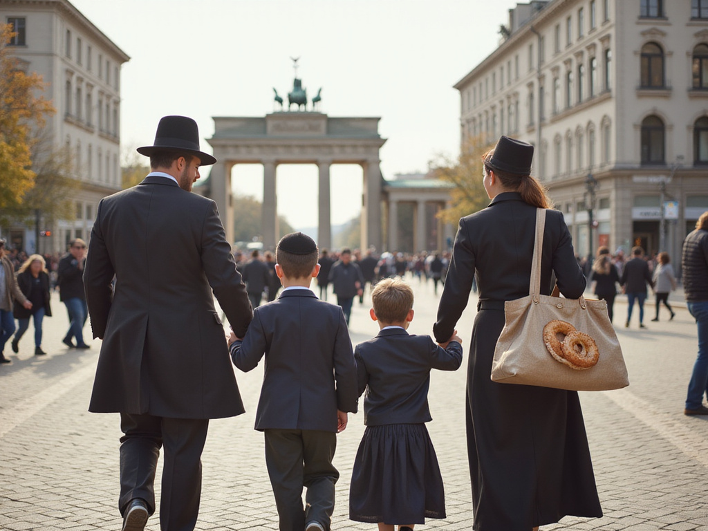Jewish family with kosher food exploring Berlin near Brandenburg Gate