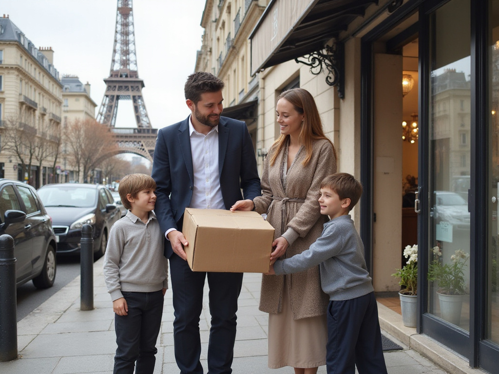 Family receiving kosher food delivery in front of Eiffel Tower
