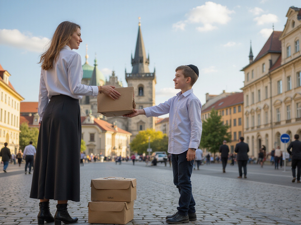 Delivering kosher food to Prague with landmarks in background