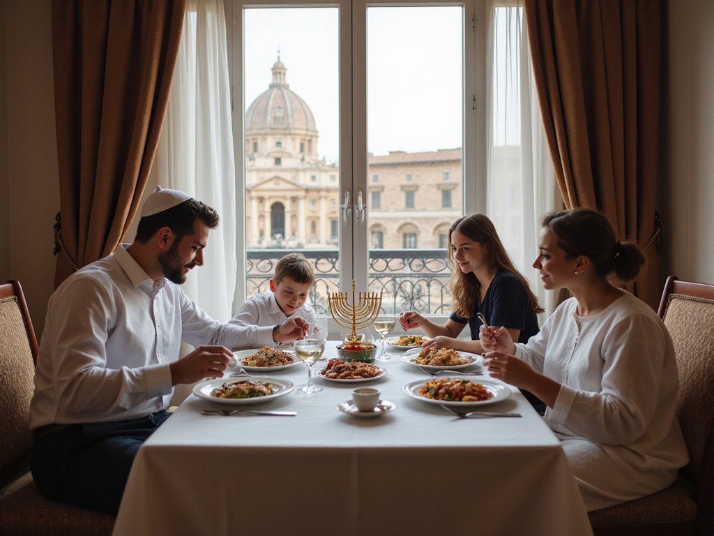 Jewish family enjoying kosher meal in Rome hotel room