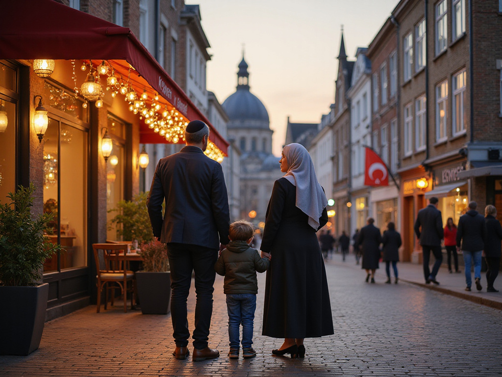 Kosher family outside a Kosher hotel in Antwerp