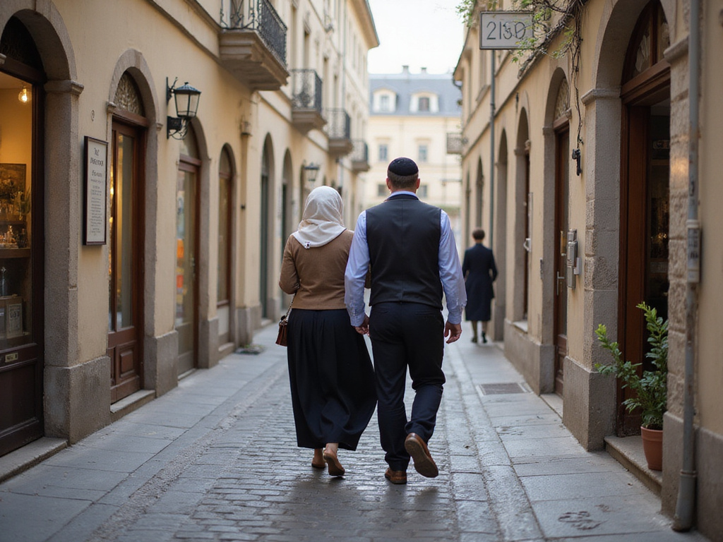 Jewish couple walking towards מלון כשר בבודפשט in Jewish quarter