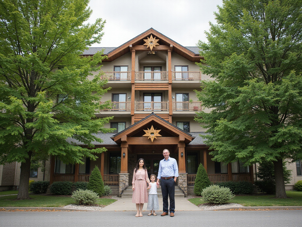 Welcoming kosher hotel in Canada with happy family in front