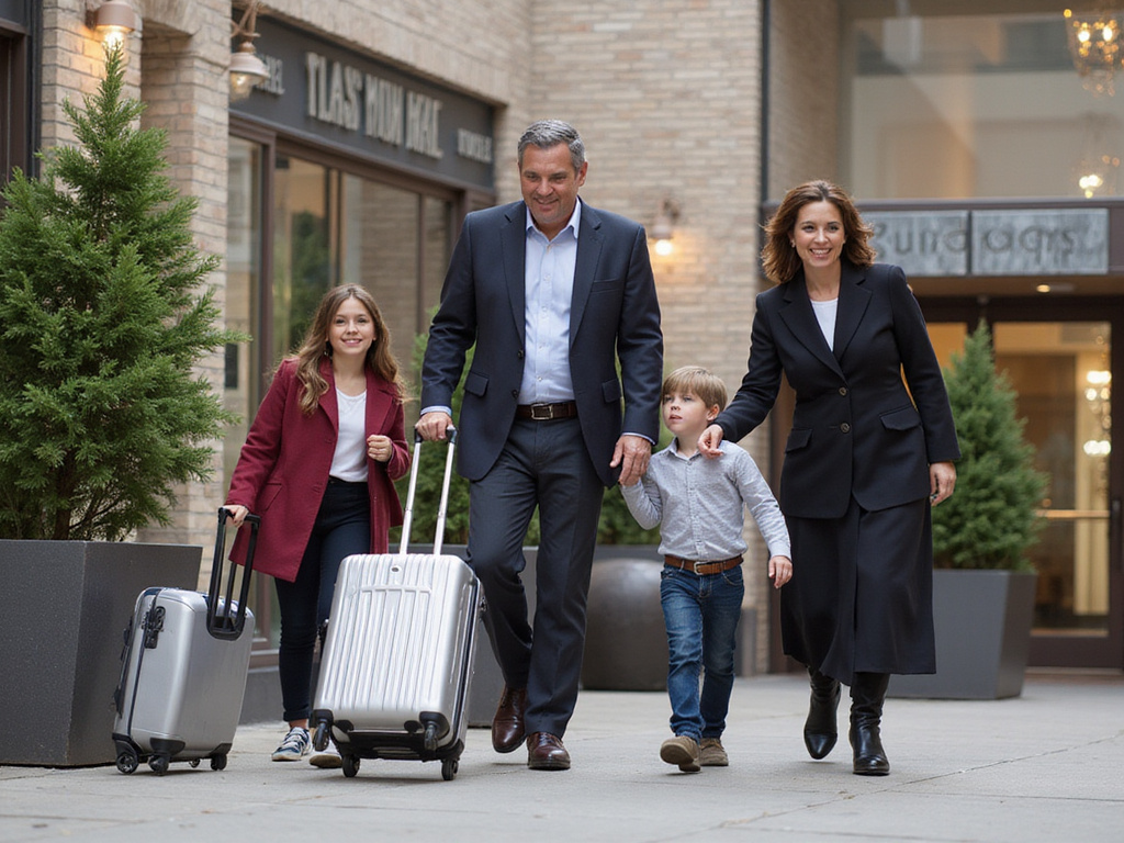 Orthodox Jewish family approaching a kosher hotel near Chabad House
