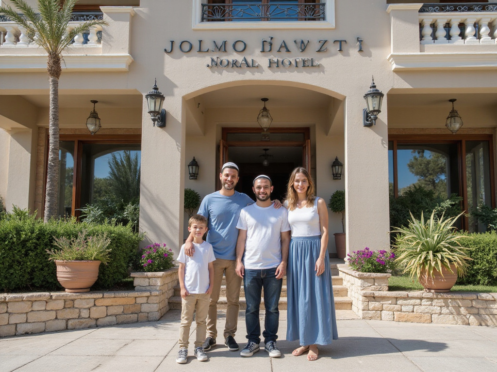 Family enjoying at kosher hotel in Cyprus with traditional attire
