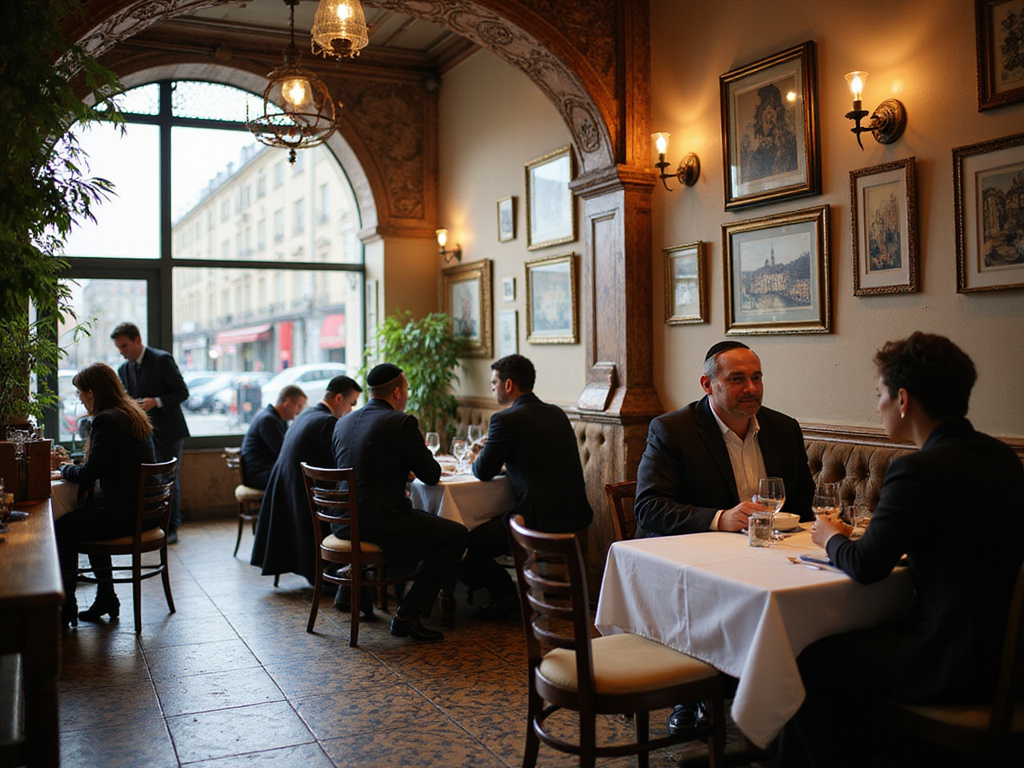 Kosher restaurant scene in Paris with diverse audience and iconic elements