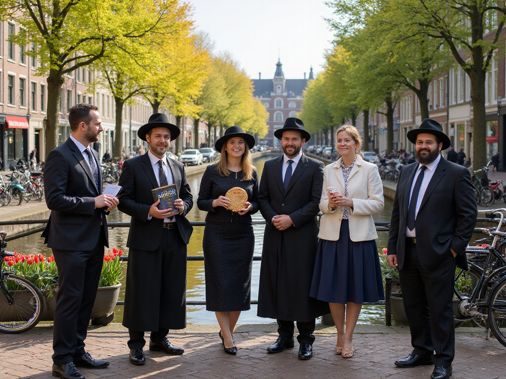 Religious Jewish group enjoying kosher living in Amsterdam, Netherlands