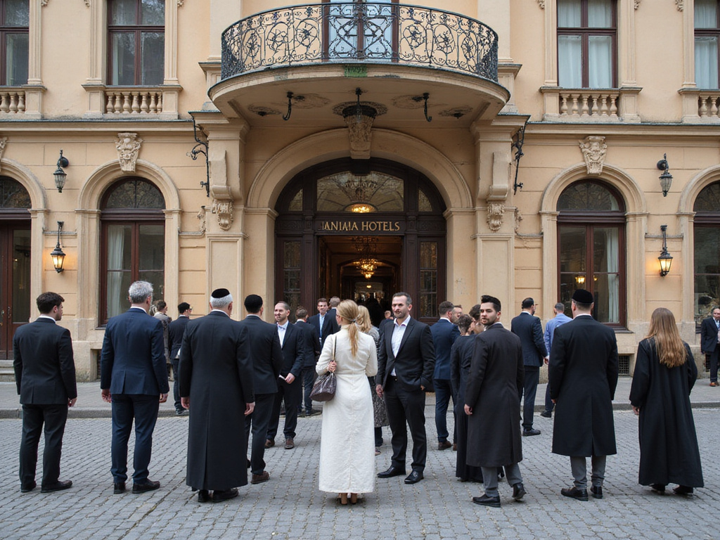 Group of people outside Kosher hotel in Prague