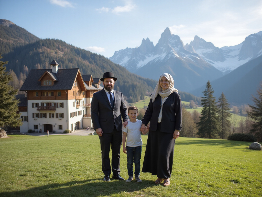 Orthodox Jewish family at a Kosher hotel in the Swiss Alps
