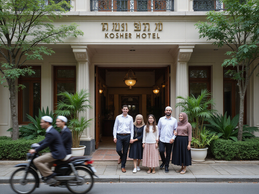 Modest family entering a luxurious kosher hotel in Bangkok, Thailand