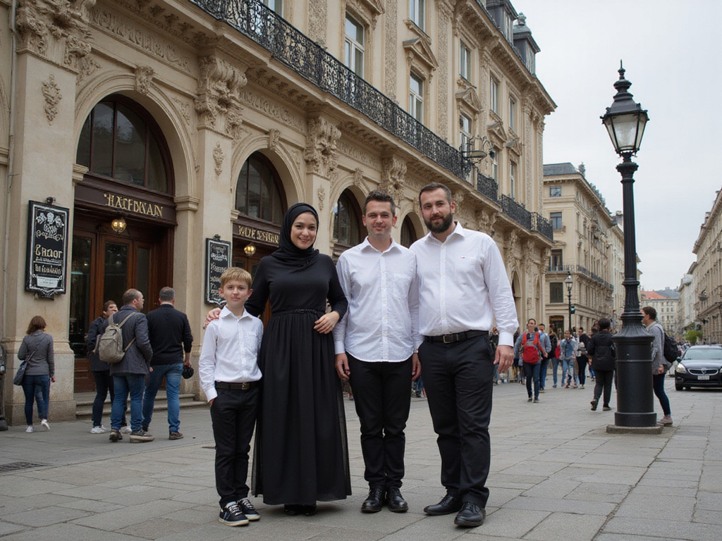 Jewish family in front of a Kosher-certified hotel in Vienna