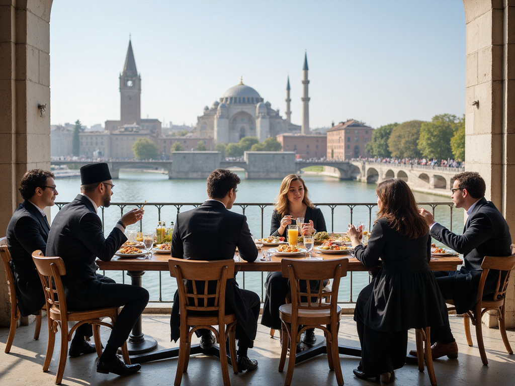 Diverse people enjoying kosher meals at popular international locations