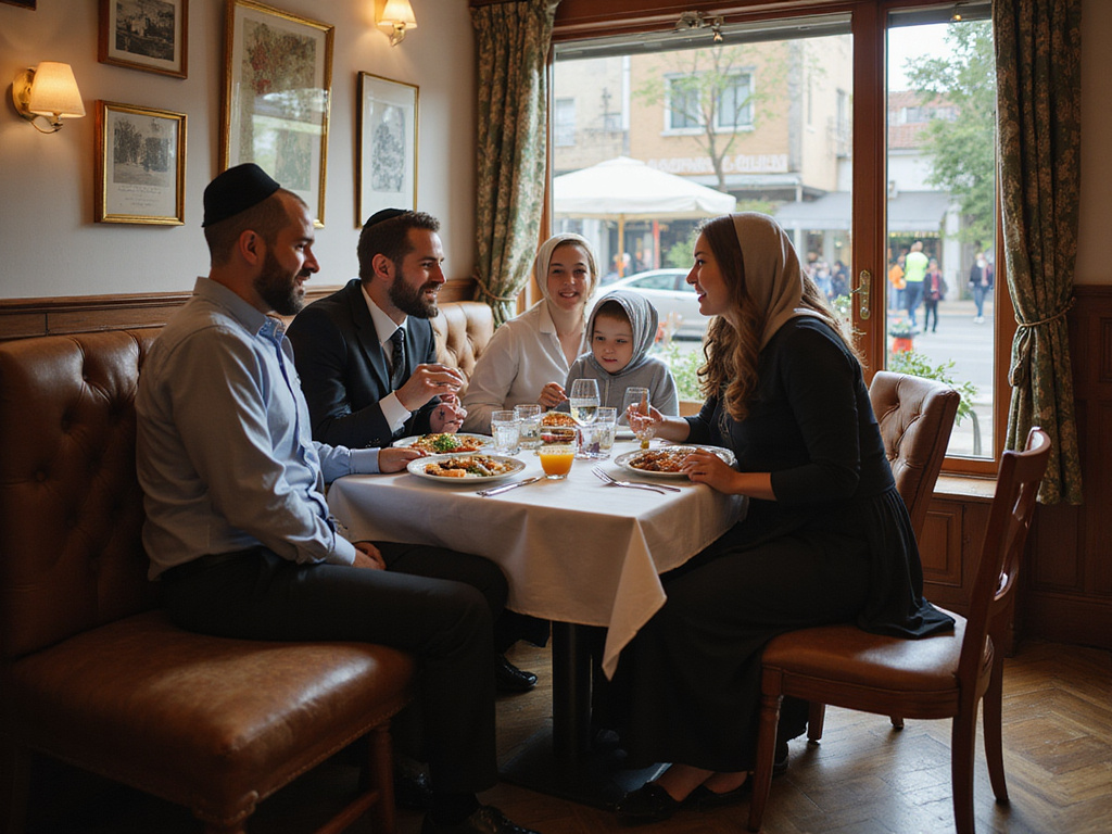 Jewish family dining in a kosher restaurant abroad