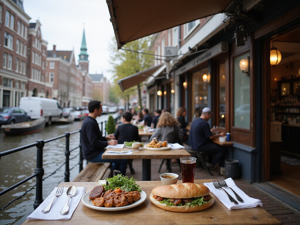 Kosher restaurant in Amsterdam canalside with family enjoying falafel meal