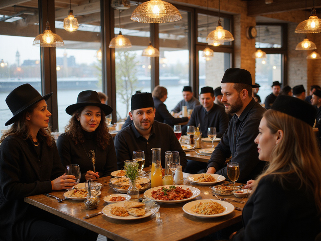 Vibrant kosher restaurant scene with diverse crowd in Berlin