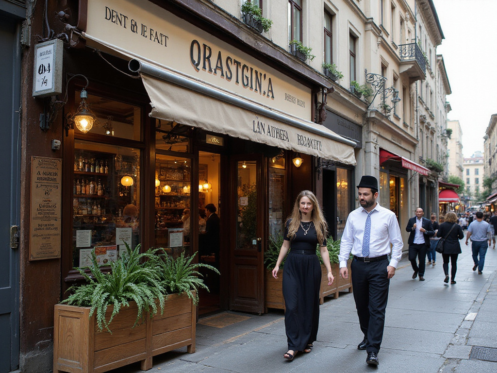 Kosher restaurant scene with couple in Budapest's Jewish district
