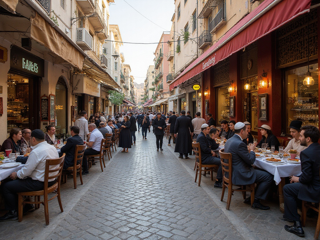 Bustling Moroccan street with kosher dining experience