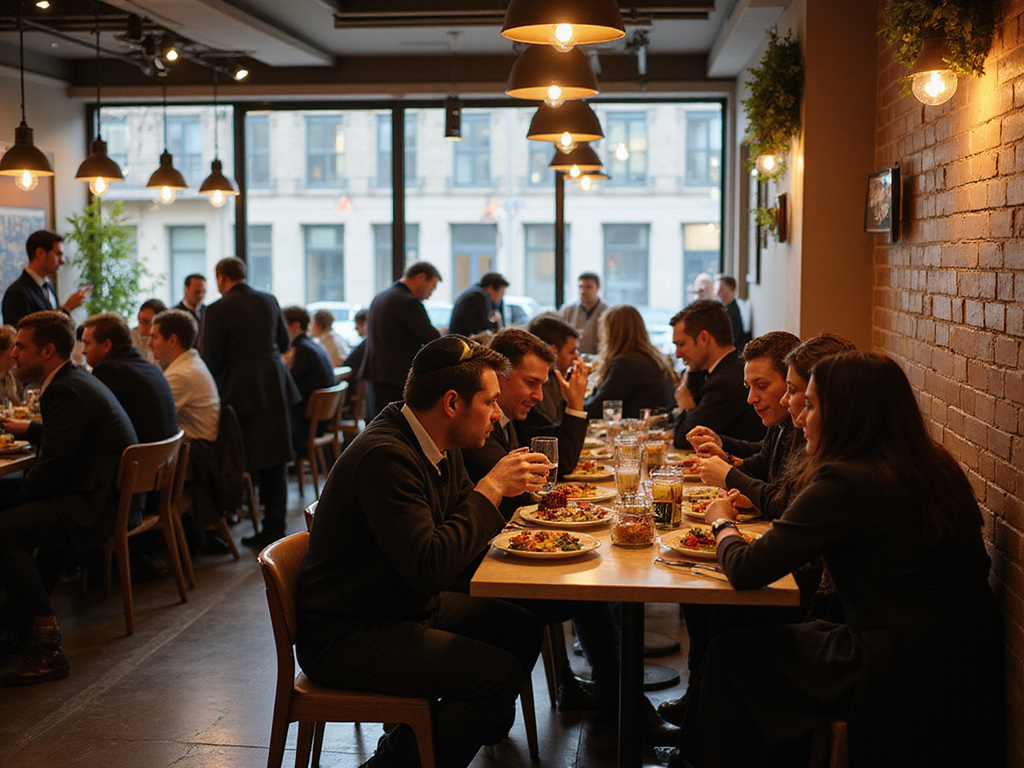Bustling kosher restaurant in New York city with diverse crowd