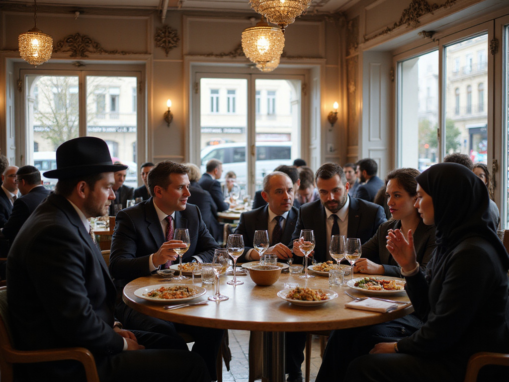 Diverse crowd enjoying meal at kosher restaurant in Paris.