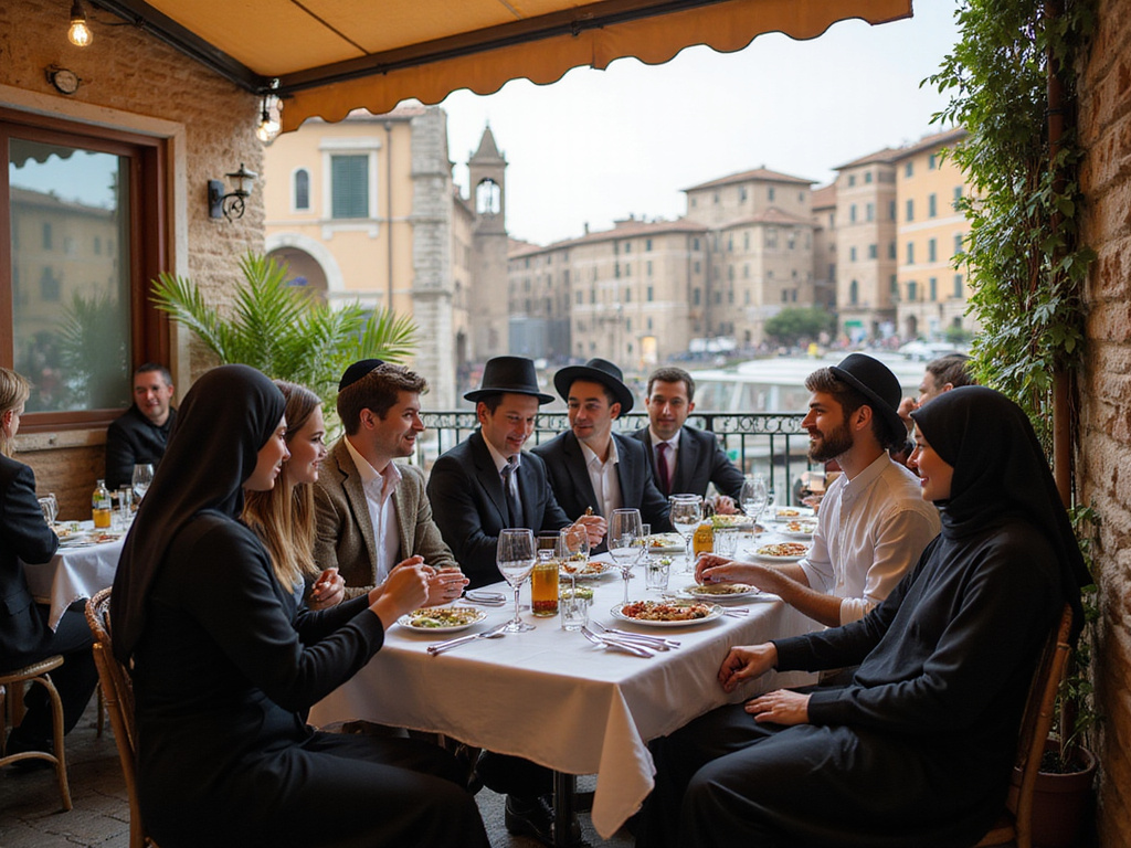 Group dining at a kosher restaurant in Rome's traditional Jewish Ghetto