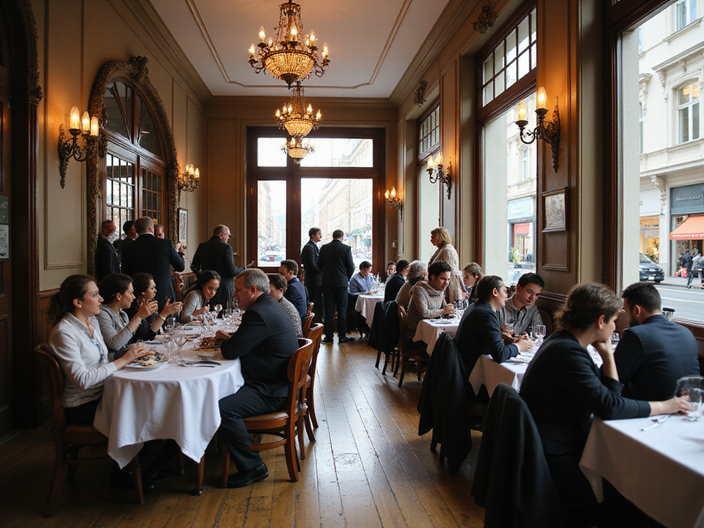 Bustling Kosher restaurant scene in Vienna with diverse diners