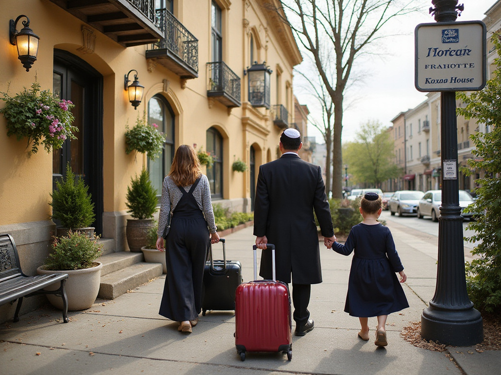 Modestly dressed family arriving at kosher accommodation near Chabad house